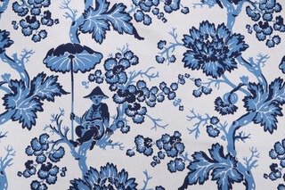 Bailey & Griffin Paradise Toile Printed Linen Toile Drapery Fabric in Marine