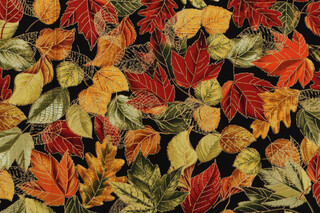 Fabrics of SoHo Fall Is In The Air - Metallic Fall Leaves Printed Cotton Craft Fabric in Black for Timeless Treasures