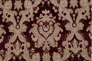 Chauncy Damask Velvet Upholstery Fabric in Bordeaux 