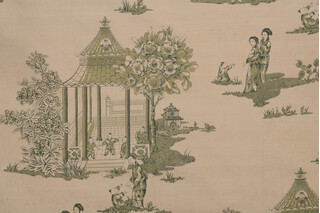 Pagoda Toile Printed Silk Decorator Fabric in Olive 