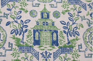 Richloom Teahouse Toile Printed Linen Blend Drapery Fabric in Kelly 