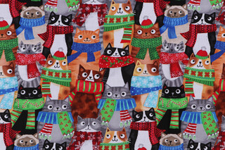 Gail Cadden Cool Cats & Treats - Cats With Holiday Scarf Printed Cotton Craft Fabric in Multi for Timeless Treasures