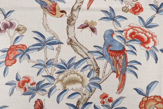 Thibaut Giselle F914228 Printed Linen Blend Drapery Fabric in Blue & Coral