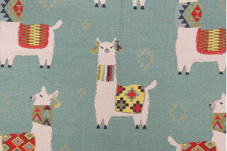 TFA Llama Drama Woven Latex Backed Tapestry Upholstery Fabric in Aqua