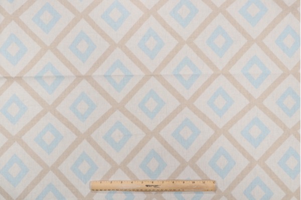 Sample of Thibaut Carole F99189 Printed Linen Blend Drapery Fabric in Beige and Aqua 