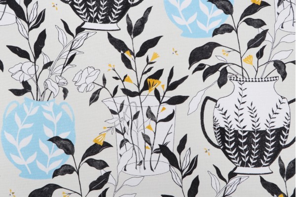 Sample of Elana Gabrielle Blossoms & Vessel Printed Cotton Drapery Fabric in Linen 