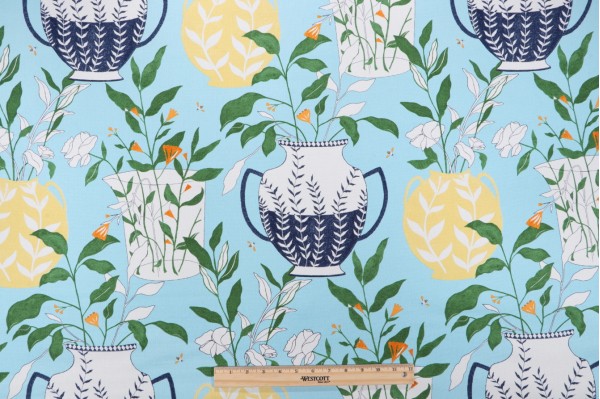 Elana Gabrielle Blossoms & Vessel Printed Cotton Drapery Fabric in Bliss 