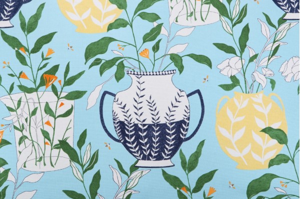 Elana Gabrielle Blossoms & Vessel Printed Cotton Drapery Fabric in Bliss 