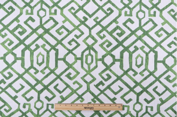 Premier Prints Jing-Slub Linen White Printed Drapery Fabric in Courtyard Green 