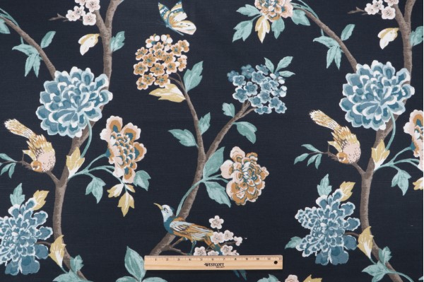 Robert Allen Helene Floral Printed Cotton Drapery Fabric in Admiral 