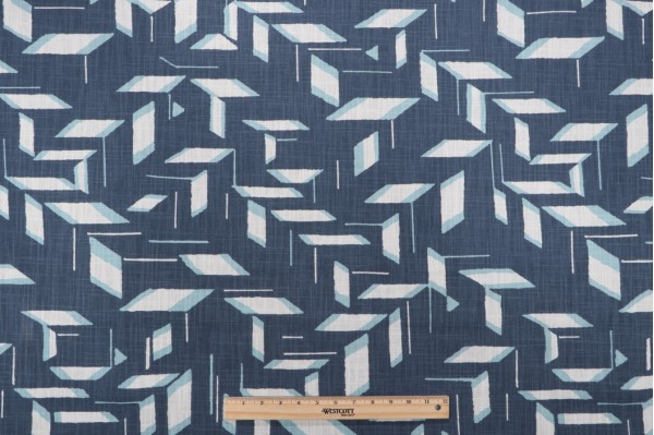 Sample of Robert Allen Blocked Form Printed Slubbed Cotton Drapery Fabric in Chalk Board 
