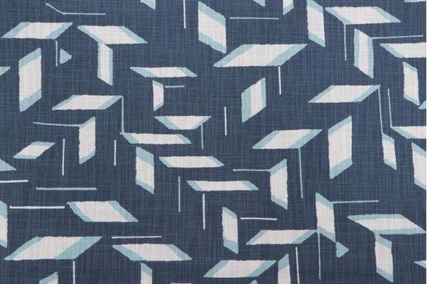 Sample of Robert Allen Blocked Form Printed Slubbed Cotton Drapery Fabric in Chalk Board 