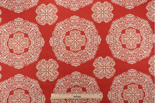 Sample of Suburban Medallion Printed Cotton Drapery Fabric in Natural/Rust 