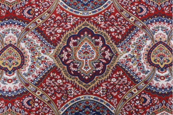 Sample of Duralee Abbotsford Printed Drapery Fabric in Red and Blue 