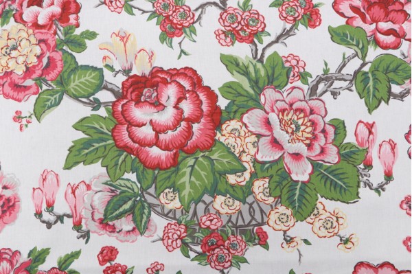 Sample of Duralee Selkirkshire Printed Drapery Fabric in Pink and Green 