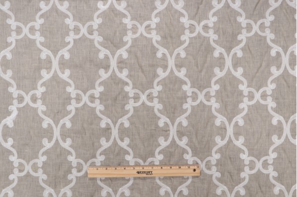 Thibaut Roselli Trellis AW2563 Sheer Embroidered Drapery Fabric in White on Natural Linen