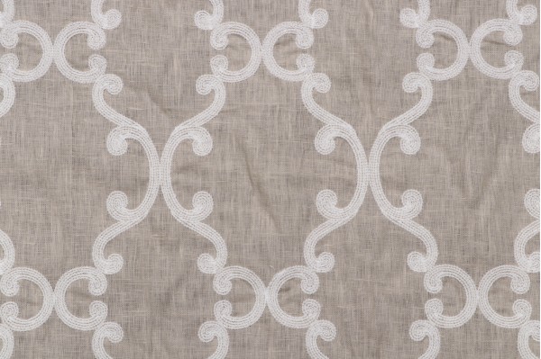 Thibaut Roselli Trellis AW2563 Sheer Embroidered Drapery Fabric in White on Natural Linen