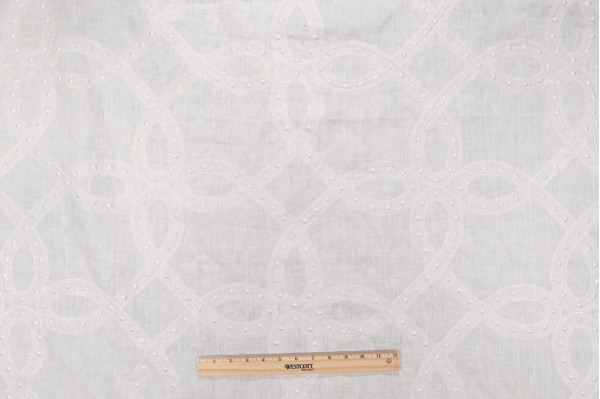 Thibaut Salina Ribbon Embroidered Semi Sheer Linen Blend Drapery Fabric in White AW1376