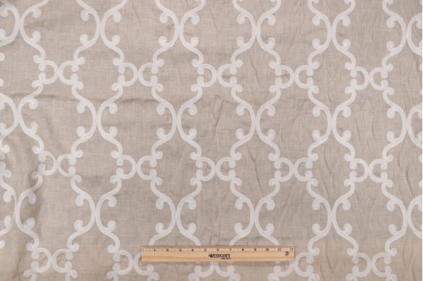 Thibaut Roselli Trellis AW2563 Sheer Embroidered Drapery Fabric in White on Natural Linen
