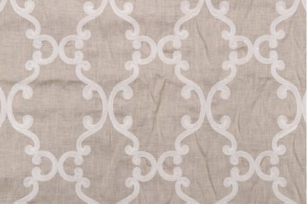 Thibaut Roselli Trellis AW2563 Sheer Embroidered Drapery Fabric in White on Natural Linen