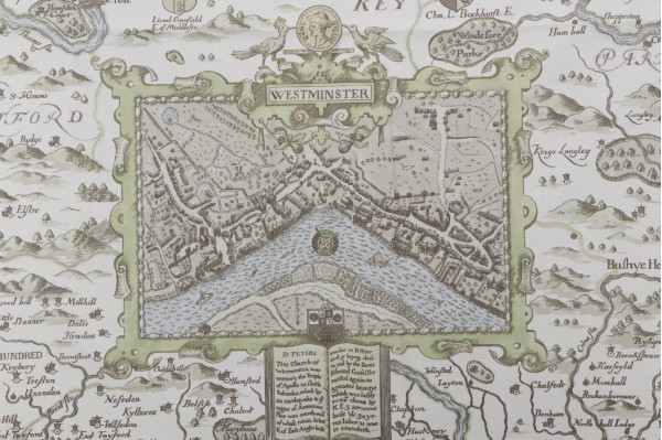 Sample of Thibaut London Map F96008 Printed Drapery Fabric in Green 