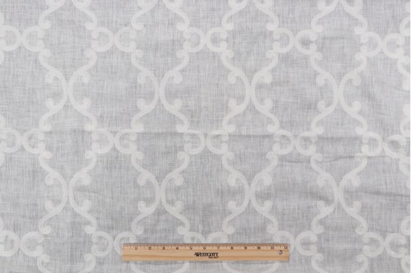 Click for 1.38 Yards Thibaut Roseli Trellis AW2560 Embroidered Semi Sheer Drapery Fabric in White on White Thibaut Roseli Trellis AW2560 Embroidered Semi Sheer Drapery Fabric in White on White