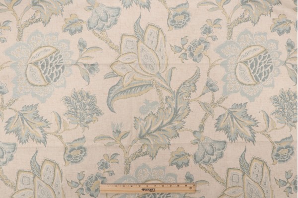 Thibaut Jacobean Trail F93313 Printed Drapery Fabric in Teal and Cream