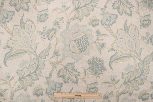 Thibaut Jacobean Trail Printed Linen Blend Drapery Fabric in Teal and Cream F93313