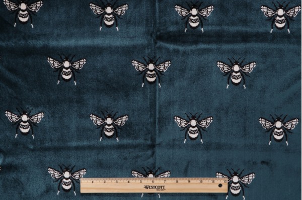 Sample of TFA Bee Kind Latex Backed Velvet Upholstery Fabric in Deep Ocean 