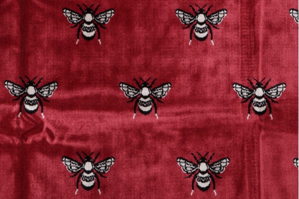 Sample of TFA Bee Kind Latex Backed Velvet Upholstery Fabric in Cherry 
