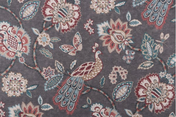 PK Lifestyles Pheasant & Fleur Printed Cotton Drapery Fabric in Shadow 