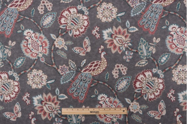 PK Lifestyles Pheasant & Fleur Printed Cotton Drapery Fabric in Shadow 
