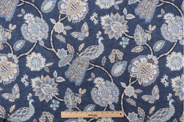 Click for PK Lifestyles Pheasant & Fleur Printed Cotton Drapery Fabric in Navy  PK Lifestyles Pheasant & Fleur Printed Cotton Drapery Fabric in Navy