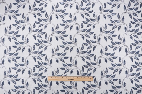 P Kaufmann Dabu Leaf Printed Cotton Linen Drapery Fabric in Indigo 