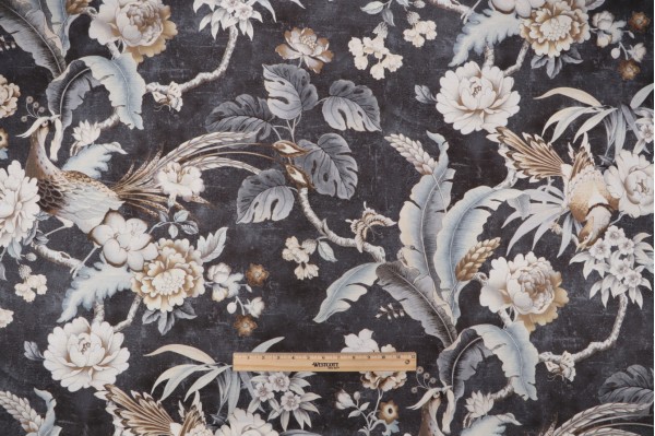 P Kaufmann Passerine Pavillion Printed Cotton Drapery Fabric in Charcoal 