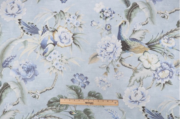 Sample of P Kaufmann Passerine Pavillion Printed Cotton Drapery Fabric in Blue Geyser 