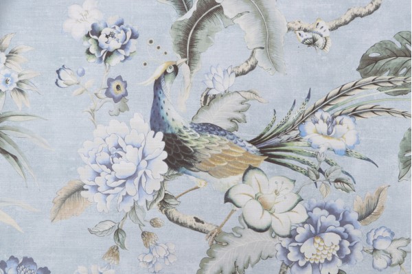Sample of P Kaufmann Passerine Pavillion Printed Cotton Drapery Fabric in Blue Geyser 
