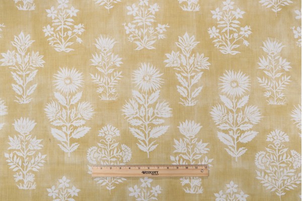 Sample of P Kaufmann Floral Batik Printed Cotton Linen Drapery Fabric in Turmeric 