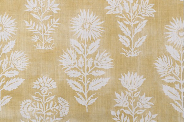 Sample of P Kaufmann Floral Batik Printed Cotton Linen Drapery Fabric in Turmeric 