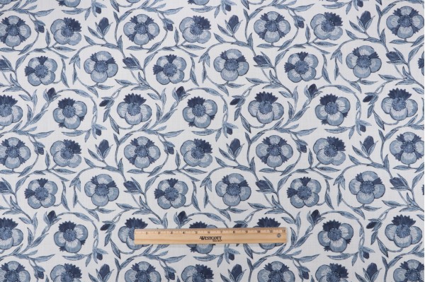 P Kaufmann Pondicherry Trail Printed Cotton Linen Drapery Fabric in Blue Clay 