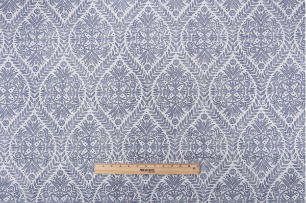 P Kaufmann Pavillion Trellis Printed Cotton Linen Drapery Fabric in Indigo 