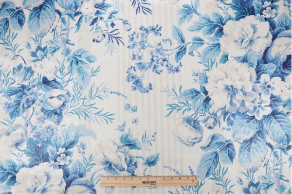 P Kaufmann Battersea Bouquet Printed Polished Cotton Drapery Fabric in Capri 
