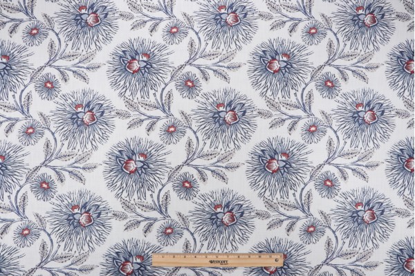P Kaufmann Dahlia Trail Printed Cotton Linen Drapery Fabric in Indigo 