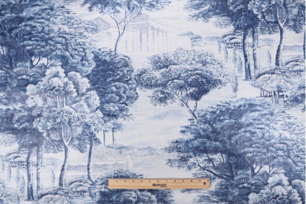P Kaufmann Yorkshire Dale Toile Printed Cotton Drapery Fabric in Cobalt Blue 