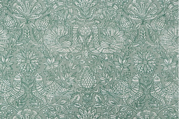 Sample of P Kaufmann Huma Printed Cotton Linen Blend Drapery Fabric in Juniper 