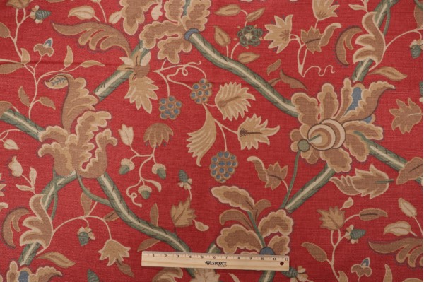 Thibaut Denmark F96032 Printed Cotton Blend Drapery Fabric in Red and Cream 