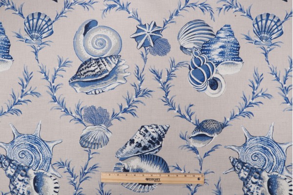 Thibaut Sumba Shell Printed Linen Blend Drapery Fabric in Blue Natural F95744