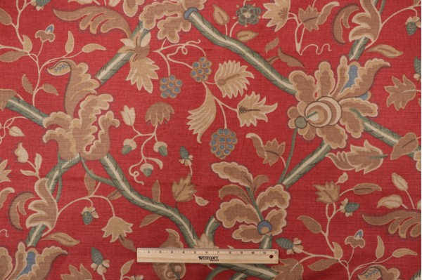 Thibaut Denmark F96032 Printed Cotton Blend Drapery Fabric in Red and Cream