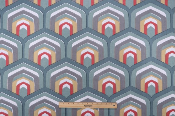 Robert Allen Piston Geo Printed Cotton Drapery Fabric in Dew 