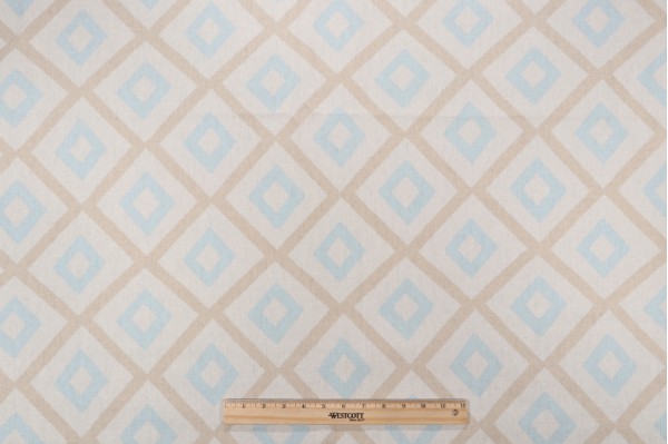 Sample of Thibaut Carole F99189 Printed Linen Blend Drapery Fabric in Beige and Aqua 